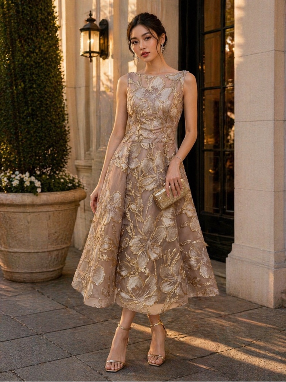 HELSI Lulu Floral Embroidered Midi Dress in Platinum/Gold Size XS NWOT